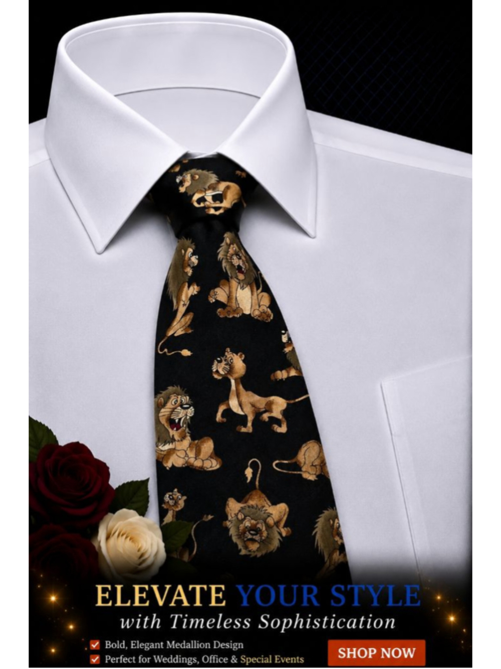 DIMODA Black & Brown Lion Print Men’s Necktie